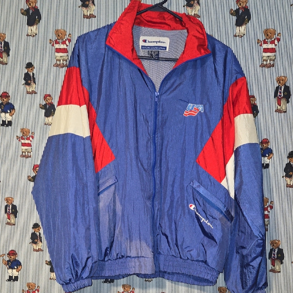 Vintage Champion USA Windbreaker Zip Up Jacket Red White Blue Large